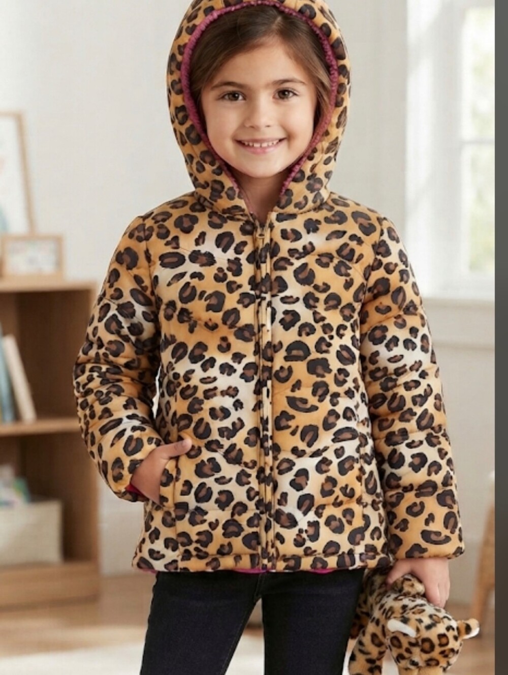 Faded Glory Leopard Print Kids Puffer Jacket with Pink Collar